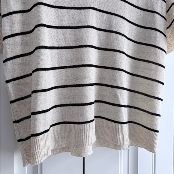 Max Studio Sweater Womens Large Ivory Black Striped Linen Blend Short Sleeve Top - Picture 3 of 10